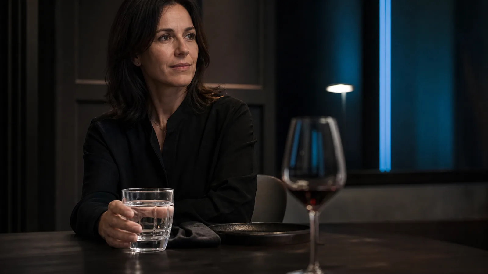 Frau entscheidet sich an einem Tisch bewusst für ein Glas Wasser.