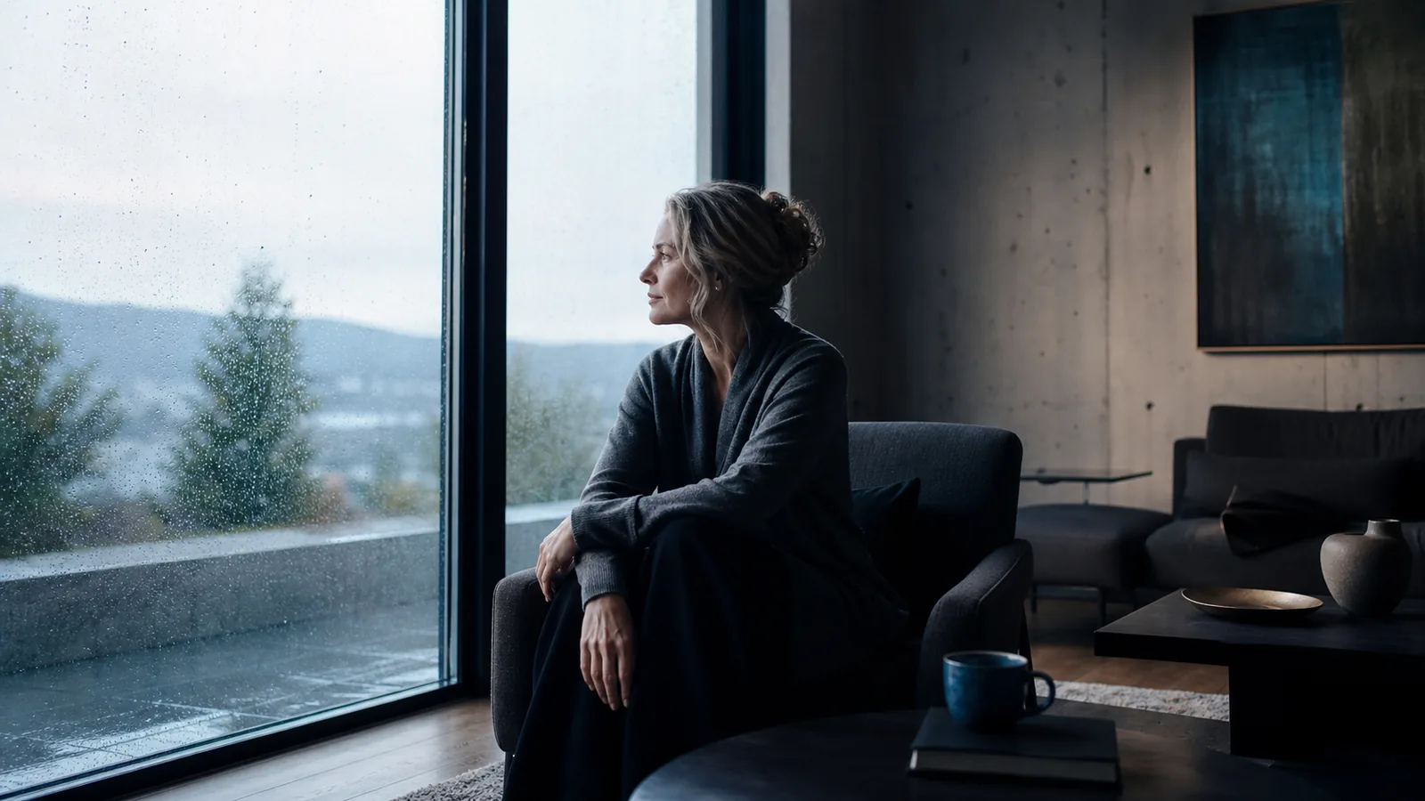 Frau sitzt ruhig an einem Fenster und blickt in das beginnende Tageslicht.