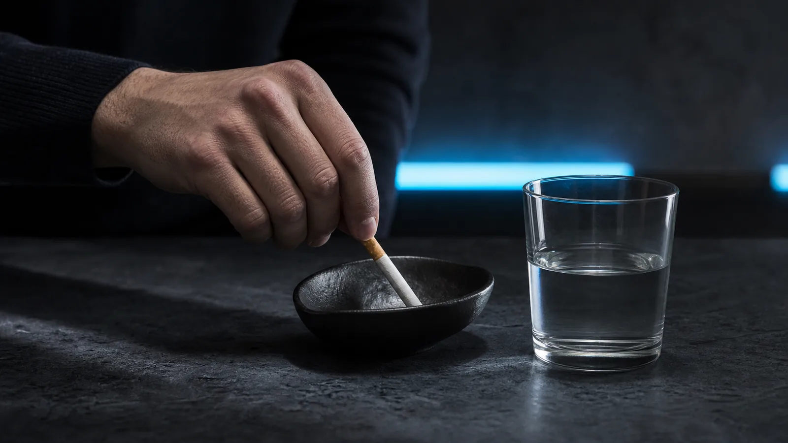 Hand legt eine unangezündete Zigarette neben einem Glas Wasser ab.